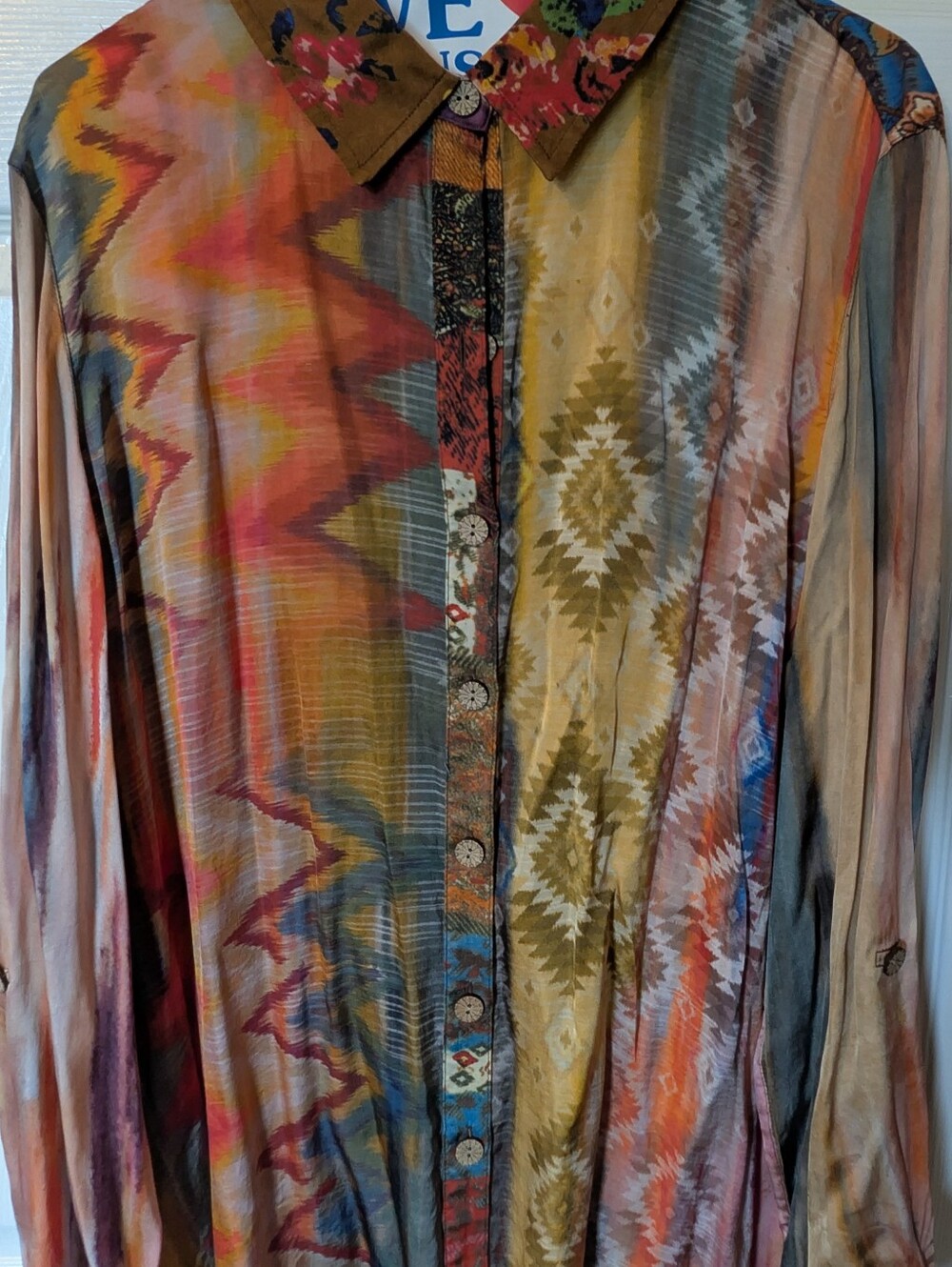 John Mark XL Boho Western Patchwork Button Down Tunic Shirt Multicolor